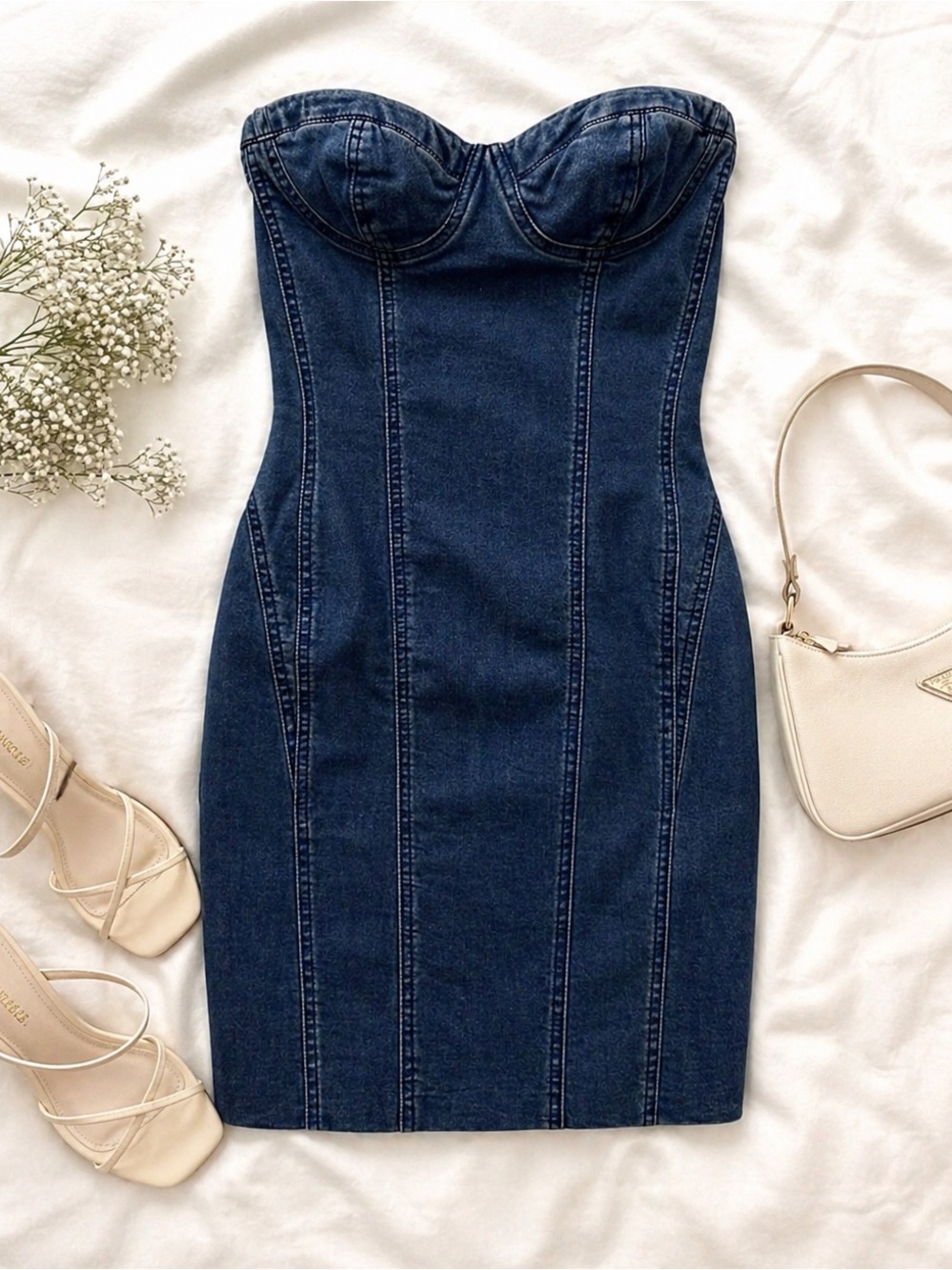 Denim Corset Dress with Straw Handbag & Cork Heel Sandals